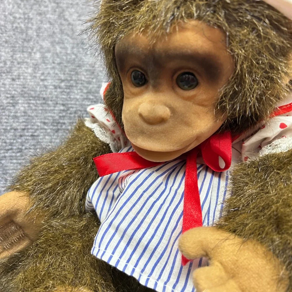 Vintage Plush Monkey Doll Brown Faux Fur White Hat Heart Blue Striped Outfit